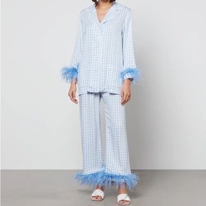 Sleeper Satin Party Pajama Set With Feathers Size Small Blue Gingham